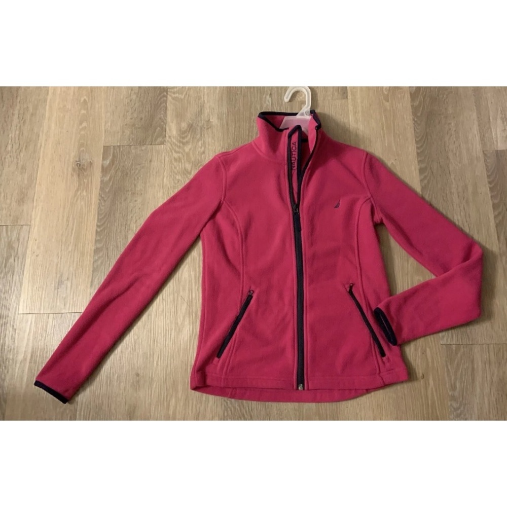 Nautica Junior’s Size Pink Fleece Athletic Cut Full Zip Jacket With Black Trim